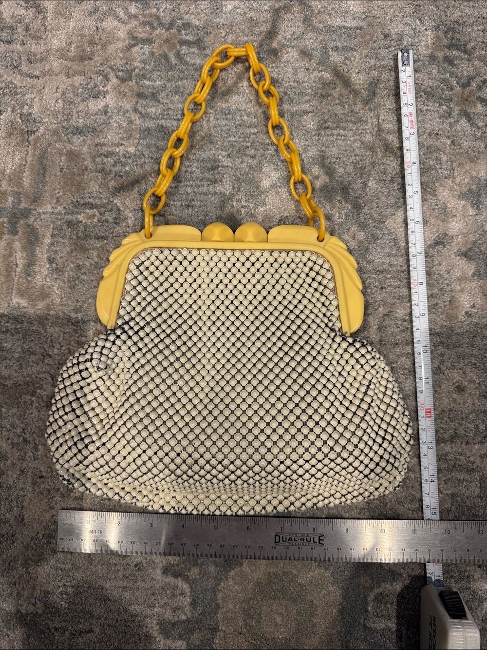 Whiting & Davis Cream Mesh Clutch with Yellow Frame & Chain